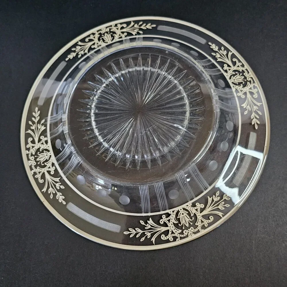 Silver Overlay Depression Glass Plate Vtg Etched Glass 9.5 Inch Round